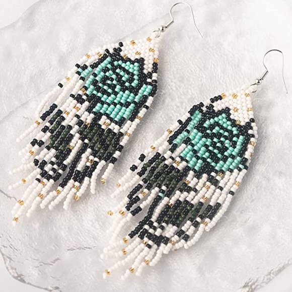 Long 4.5" Handmade Beaded Blue Rose Earrings Large Roses Flowers Beads Floral - Picture 3 of 5